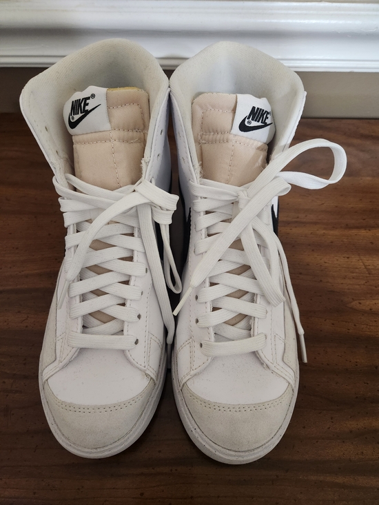 Nike Shoes - Nike Women's High-Top Sneakers in White and Cream with Black Swoosh